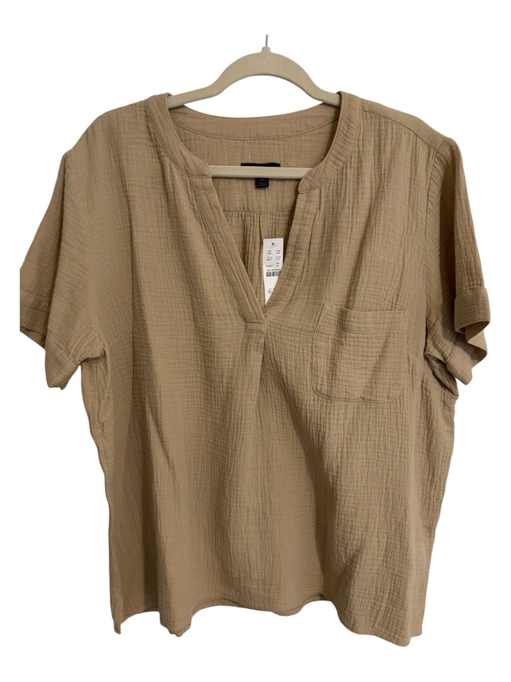 NWT J. Crew XL Relaxed Tan Gauze V-Neck Cotton Pocket Top